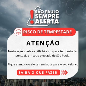 Nesta segunda-feira (28), há risco para tempestades pontuais em todo o estado de São Paulo